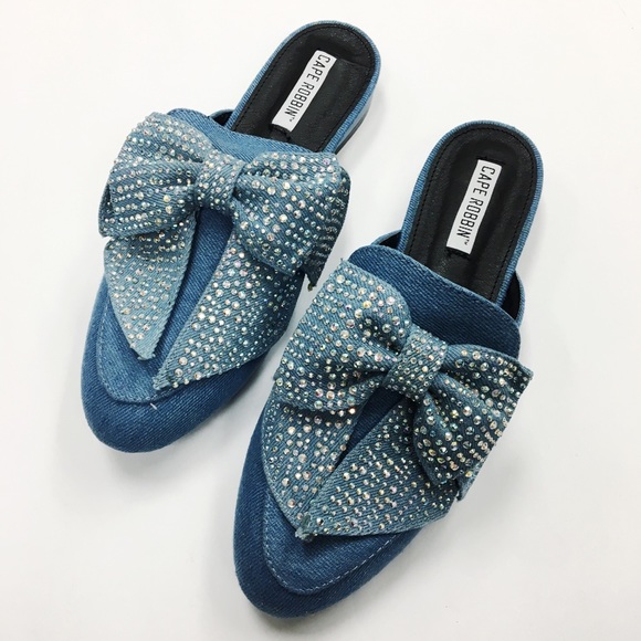 Shoes - Denim rhinestone bow mule